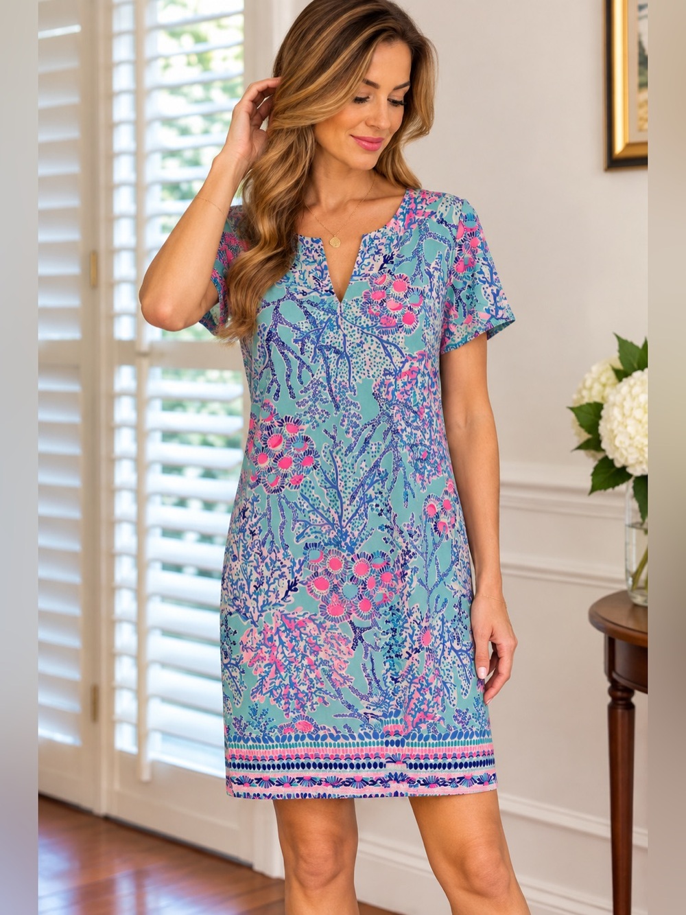 Lilly Pulitzer Light Blue Floral V-Neck Mini Dress with Pink & Blue Accents